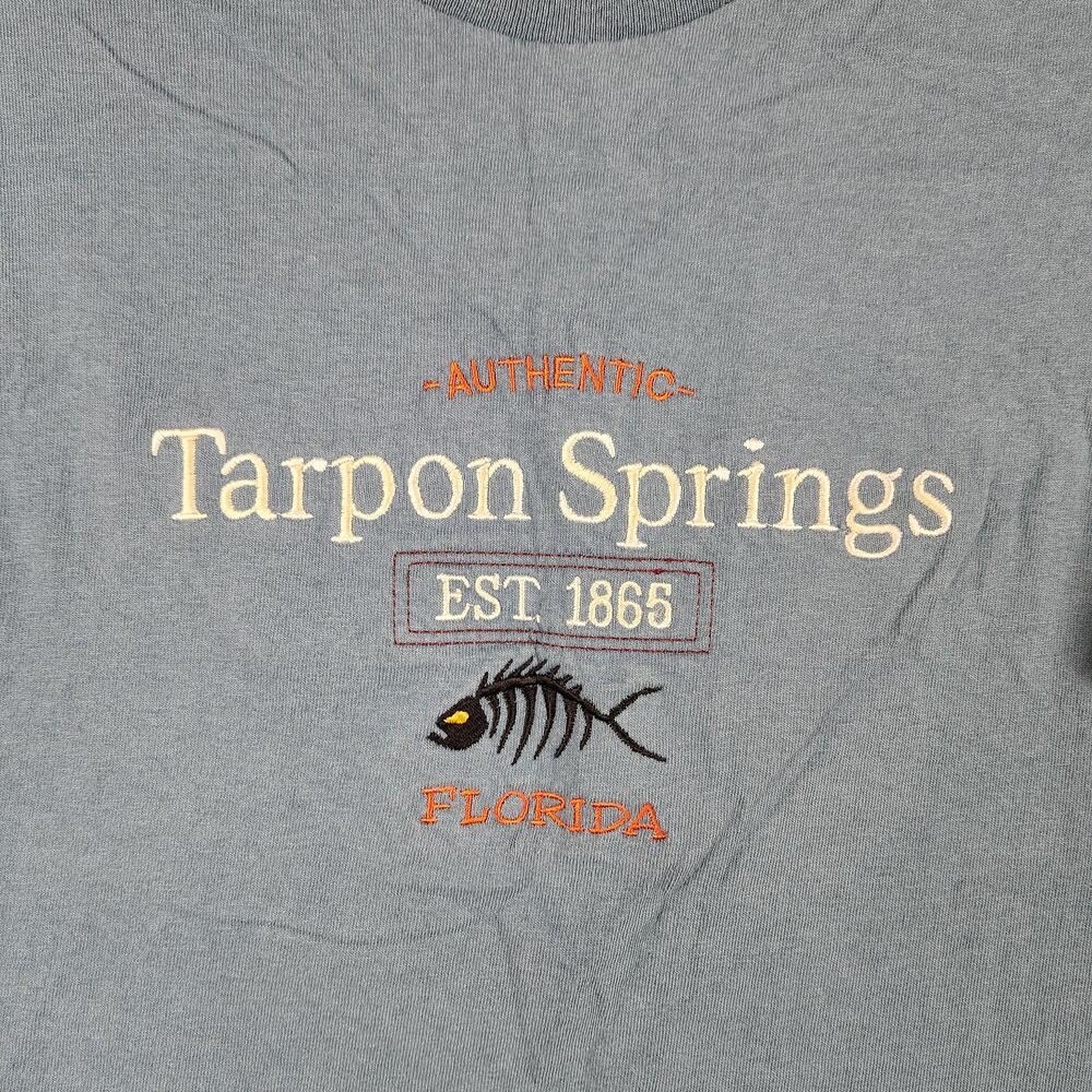 Vintage Tarpon Springs Shirt Mens Large Blue Florida Fish Bones Graphic Souvenir